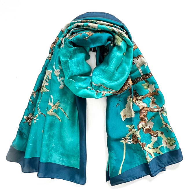 Wrapables Silk Like Satin Polyester Large Scarf Wrap, Almond Blossoms Teal