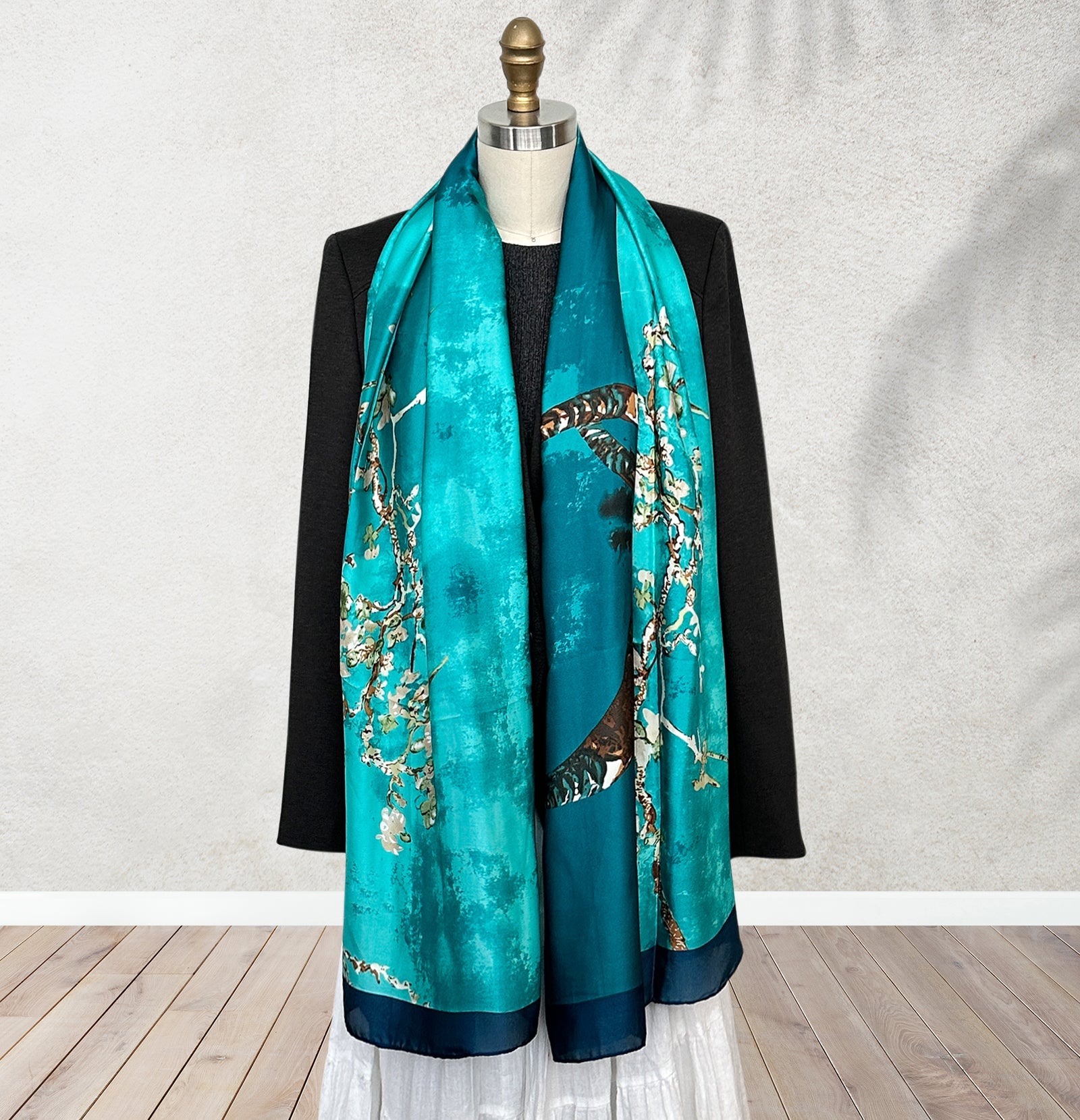 Wrapables Silk Like Satin Polyester Large Scarf Wrap, Almond Blossoms Teal