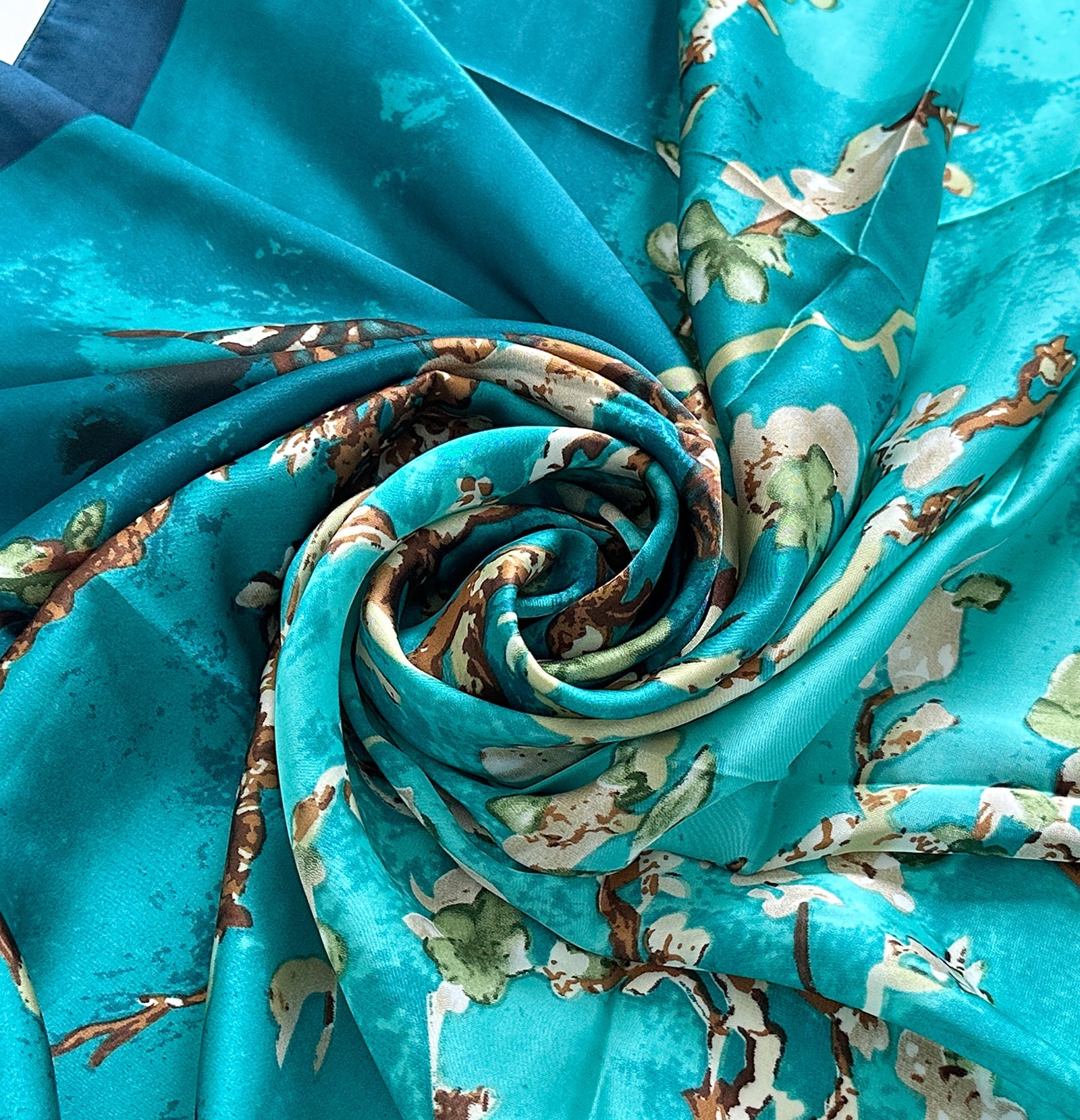 Wrapables Silk Like Satin Polyester Large Scarf Wrap, Almond Blossoms Teal