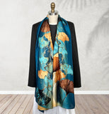 Wrapables Silk Like Satin Polyester Large Scarf Wrap, Gingko Blue & Gold