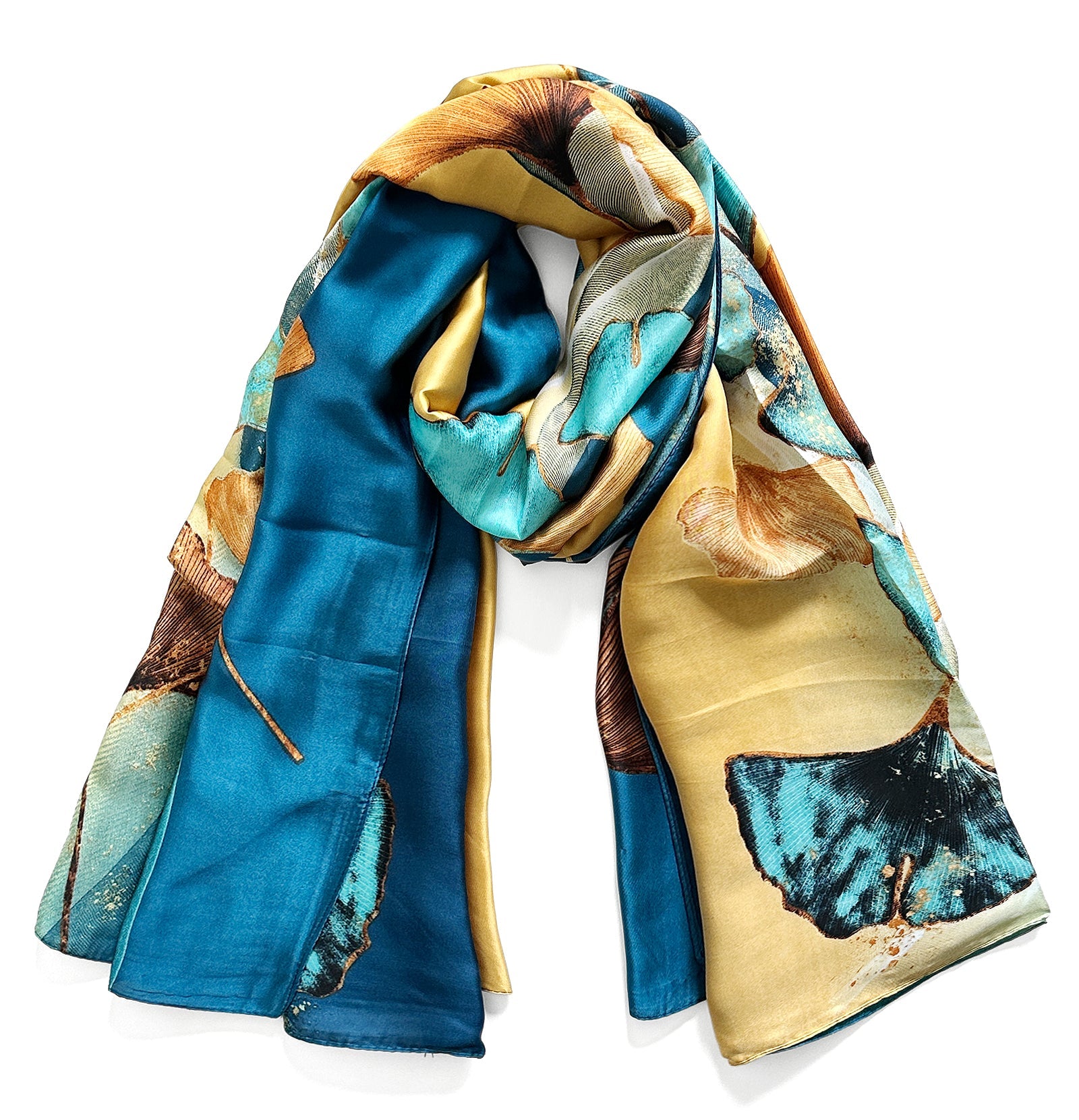 Wrapables Silk Like Satin Polyester Large Scarf Wrap, Gingko Blue & Gold