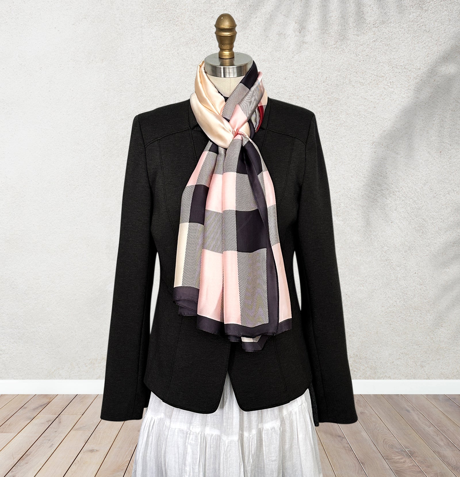 Wrapables Silk Like Satin Polyester Large Scarf Wrap, Pink Plaid