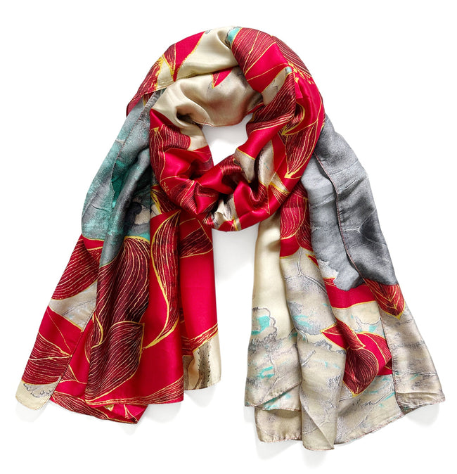 Wrapables Silk Like Satin Polyester Large Scarf Wrap, Red Lotus