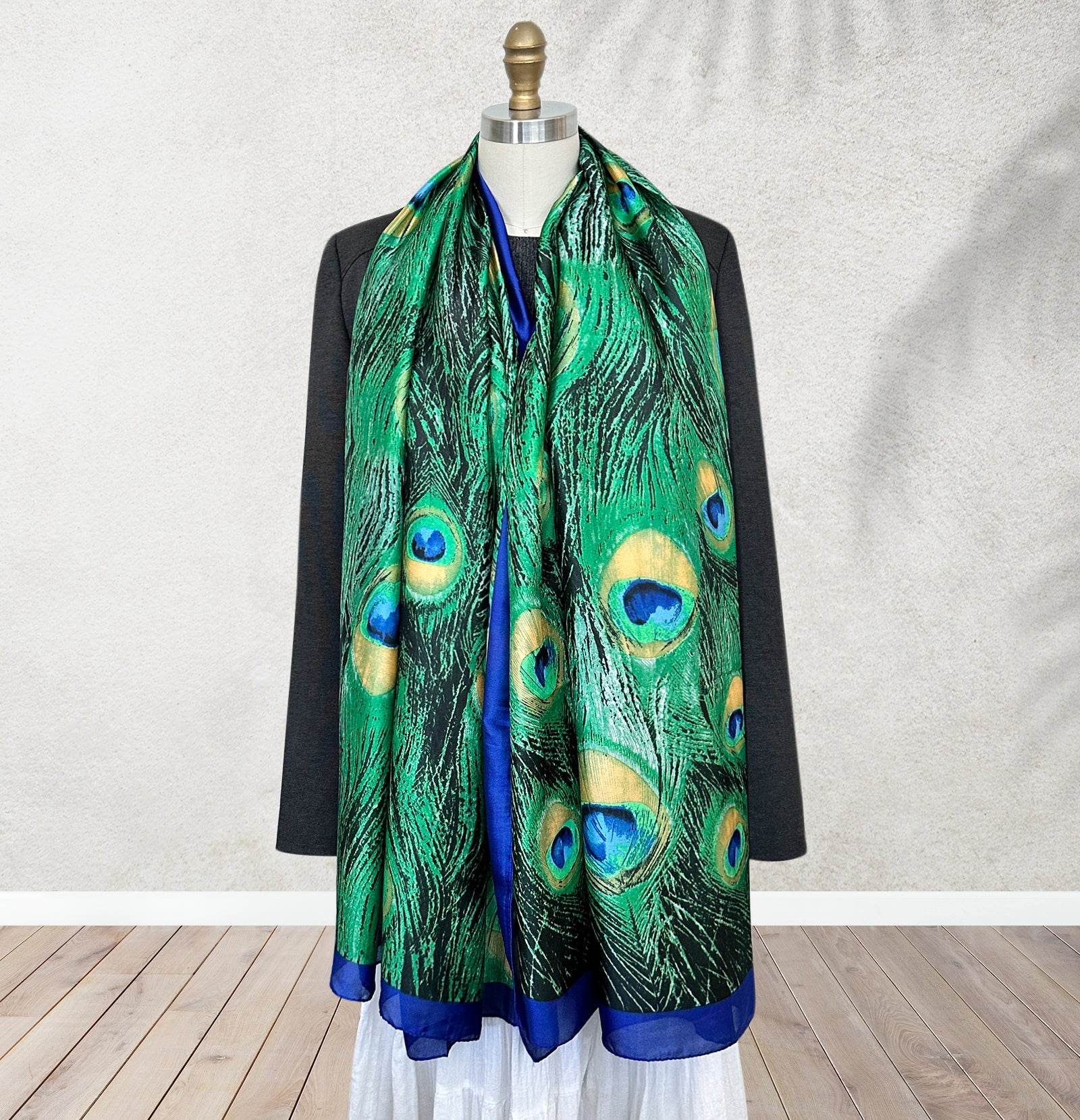 Wrapables Silk Like Satin Polyester Large Scarf Wrap, Peacock Feathers