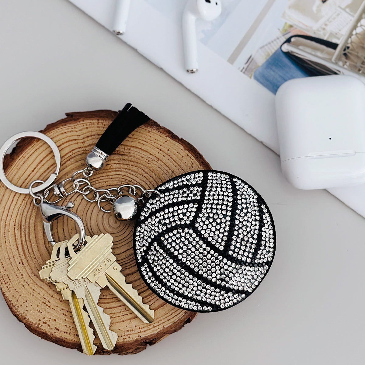 Wrapables Crystal Bling Key Chain Keyring with Tassel Car Purse Handbag Pendant, Volleyball