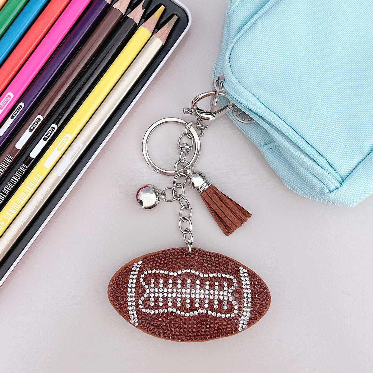 Wrapables Crystal Bling Key Chain Keyring with Tassel Car Purse Handbag Pendant, Football