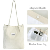 Wrapables Corduroy Tote Bag, Casual Everyday Shoulder Handbag, 2pc Black/Cream