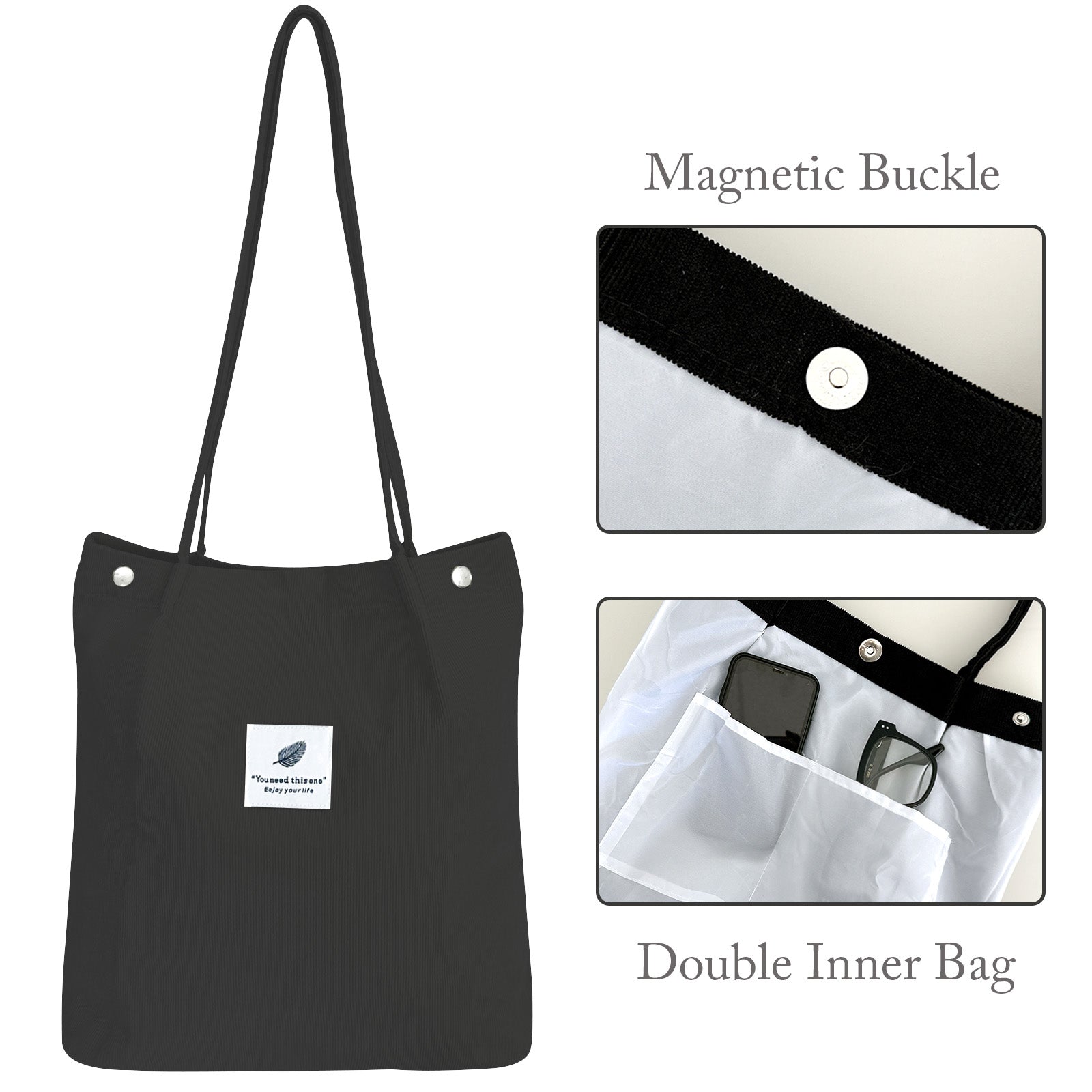 Wrapables Corduroy Tote Bag, Casual Everyday Shoulder Handbag, 2pc Black/Cream