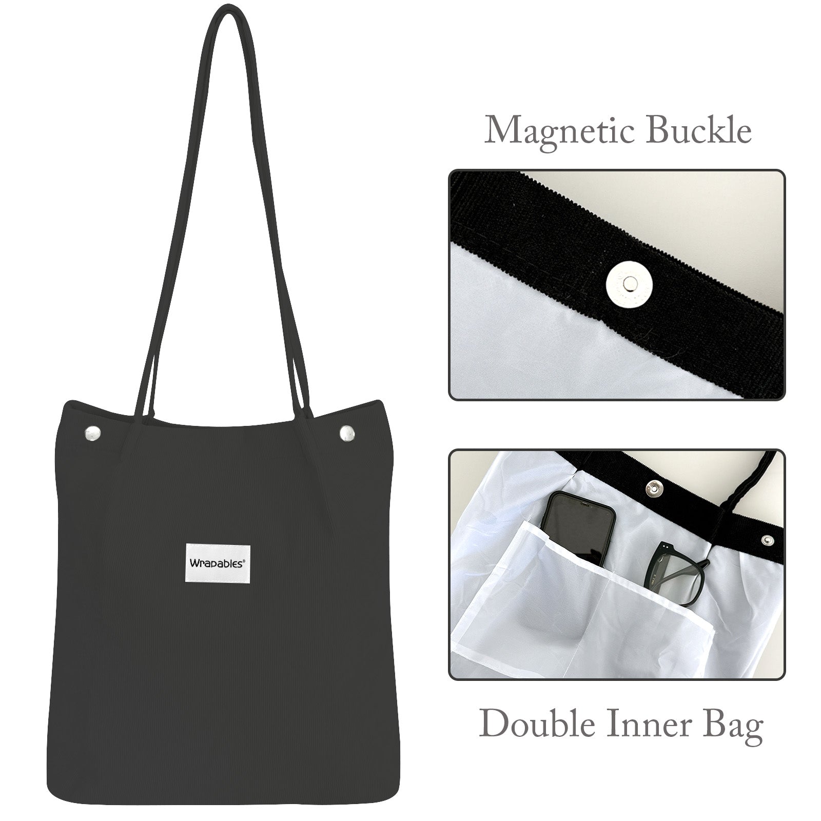 Wrapables Corduroy Tote Bag, Casual Everyday Shoulder Handbag, 2pc Black/Brown