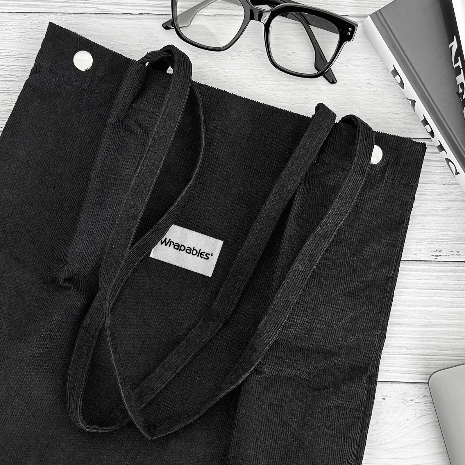 Wrapables Corduroy Tote Bag, Casual Everyday Shoulder Handbag, 2pc Black/Brown