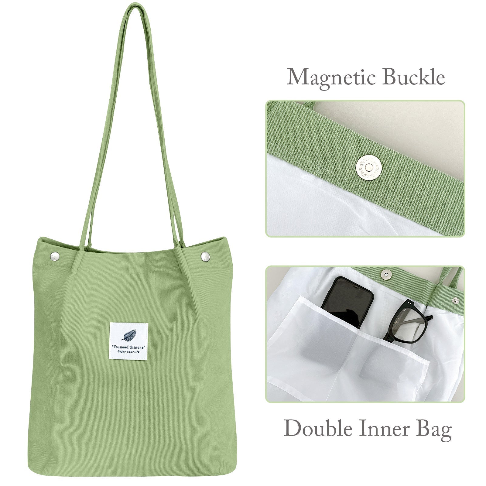 Wrapables Corduroy Tote Bag, Casual Everyday Shoulder Handbag, 2pc LtGreen/Lavender