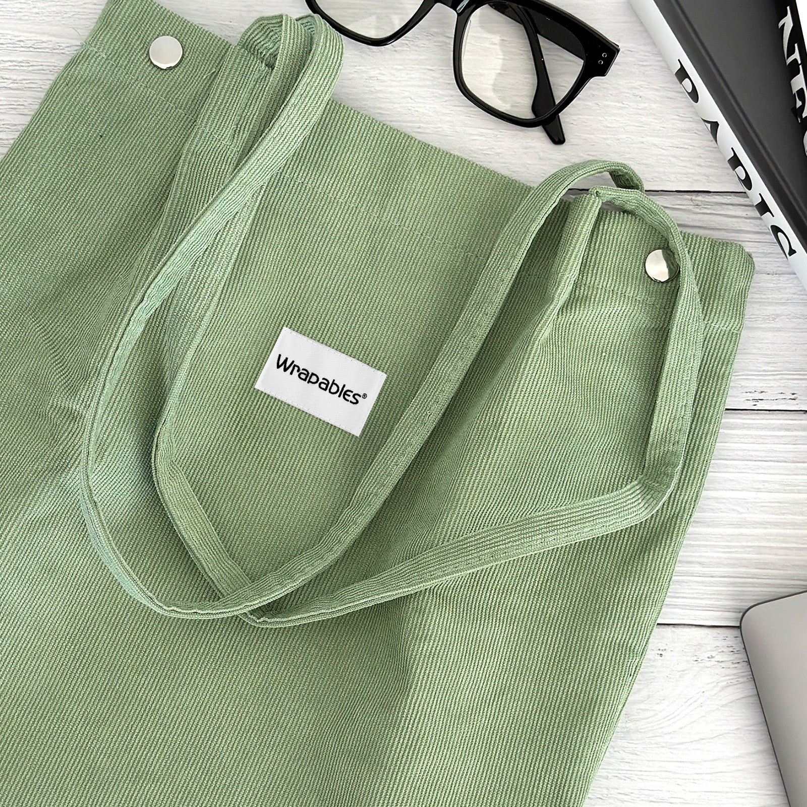 Wrapables Corduroy Tote Bag, Casual Everyday Shoulder Handbag, Light Green