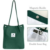 Wrapables Corduroy Tote Bag, Casual Everyday Shoulder Handbag, Forest Green