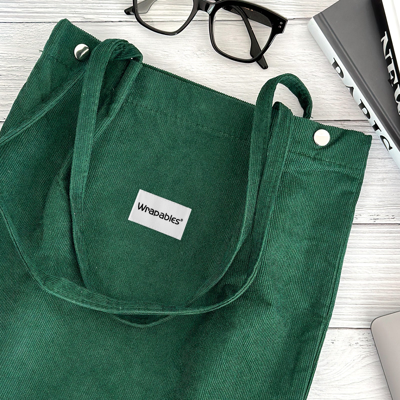 Wrapables Corduroy Tote Bag, Casual Everyday Shoulder Handbag, 2pc FtGreen/Marigold