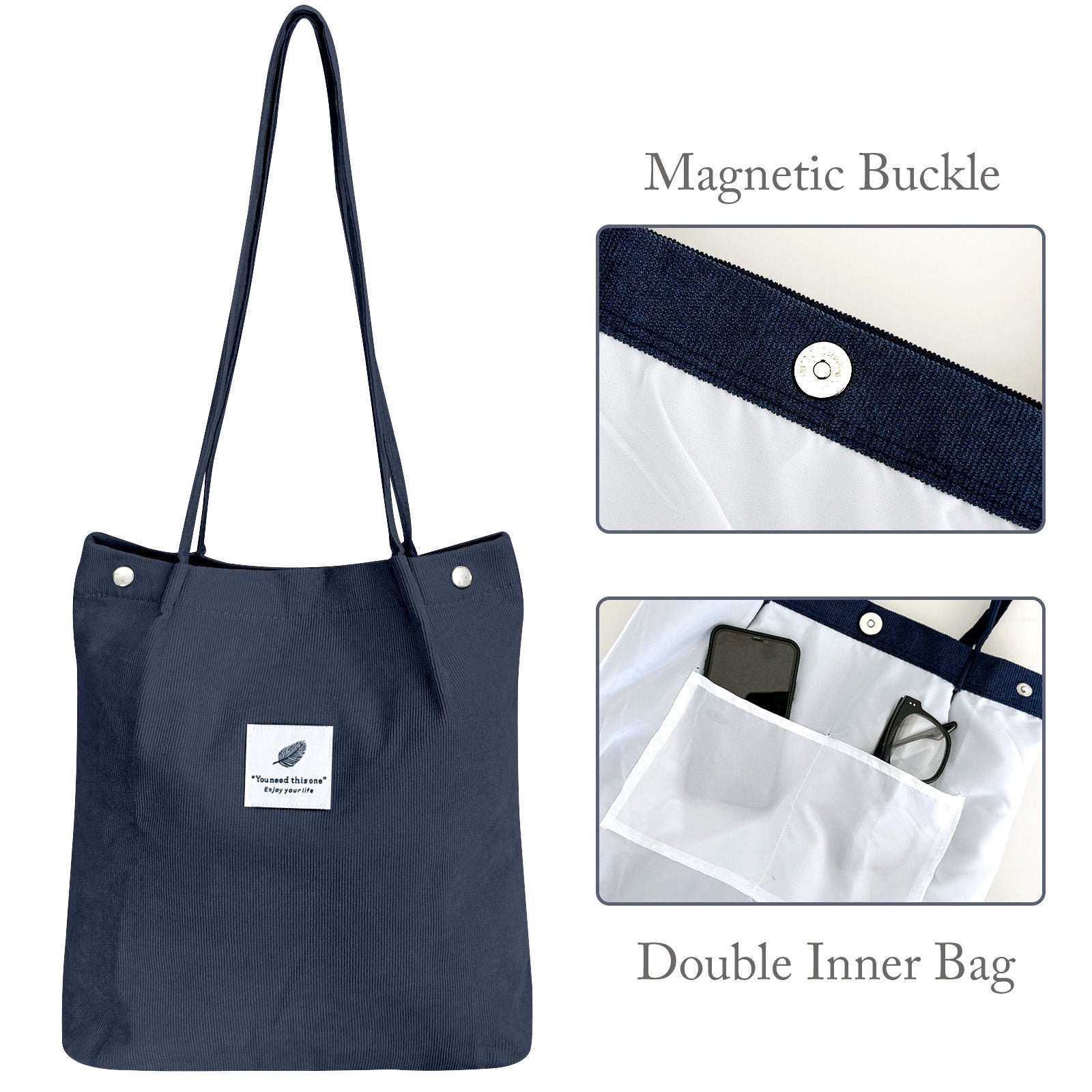 Wrapables Corduroy Tote Bag, Casual Everyday Shoulder Handbag, Navy