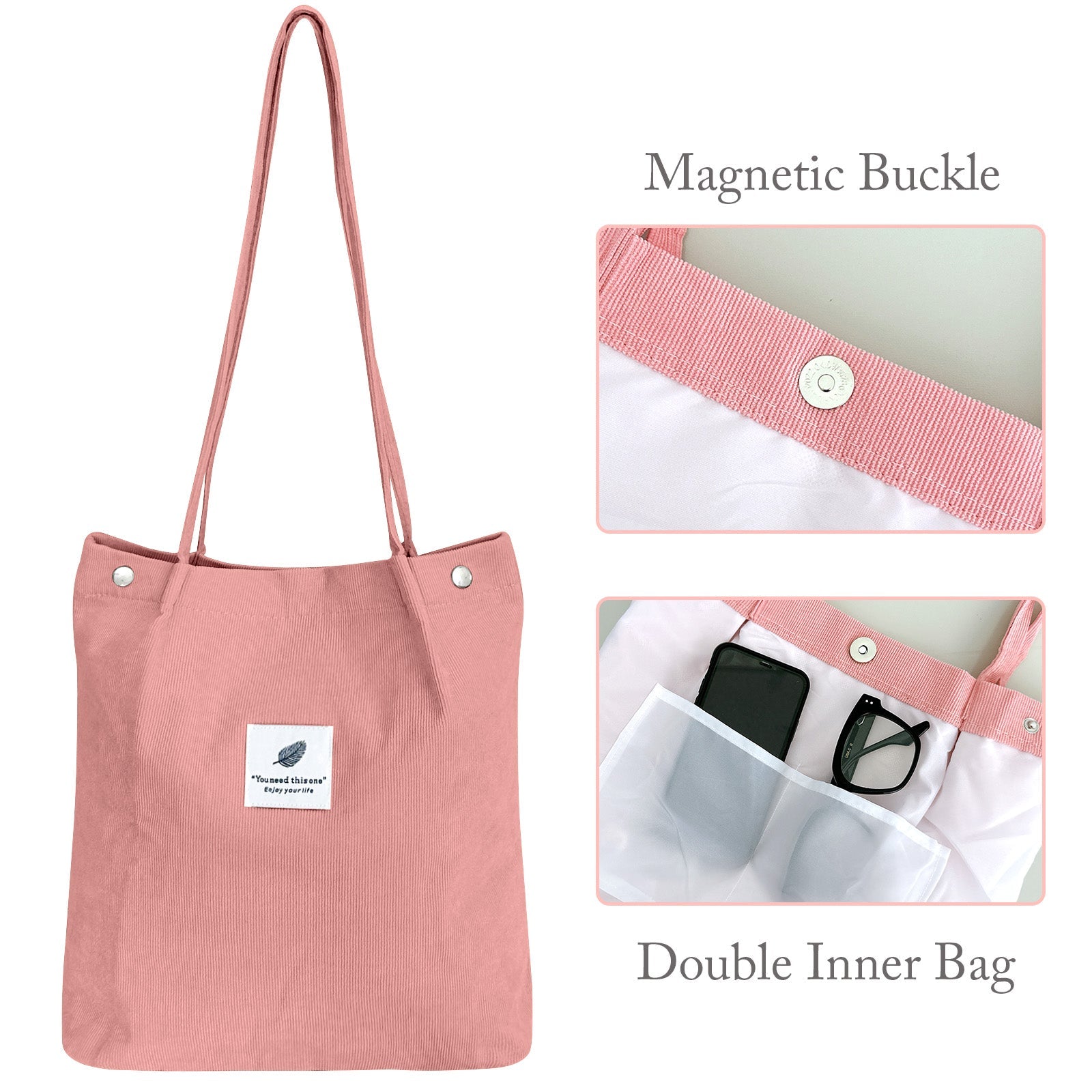 Wrapables Corduroy Tote Bag, Casual Everyday Shoulder Handbag, Light Pink