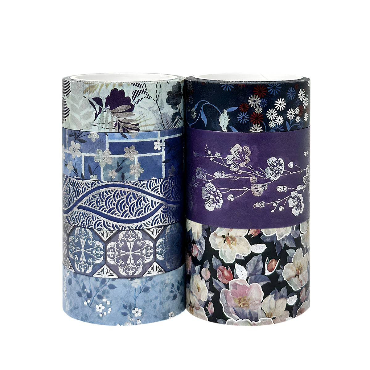 Wrapables Nature Metallic Foil Washi Tape Set for Scrapbooking, Stationery, Diary, Card Making, (8 Rolls), Cool Blue Floral
