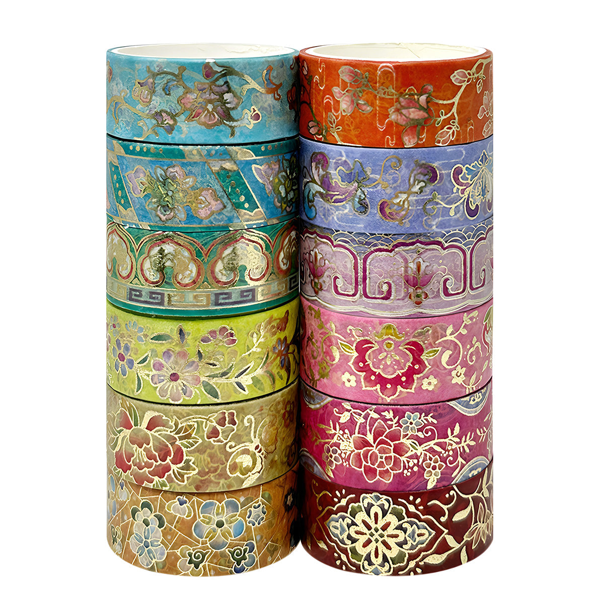 Wrapables Elegant Gold Foil Washi Tape Box Set for Arts & Crafts, Scrapbooking, Stationery, Diary (12 Rolls), Playful Florets