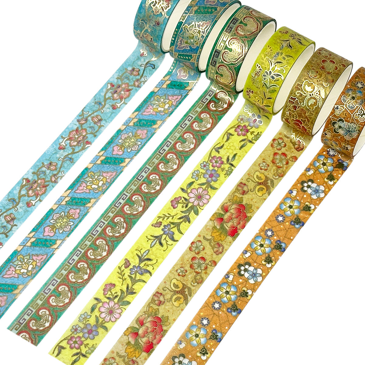 Wrapables Elegant Gold Foil Washi Tape Box Set for Arts & Crafts, Scrapbooking, Stationery, Diary (12 Rolls), Playful Florets