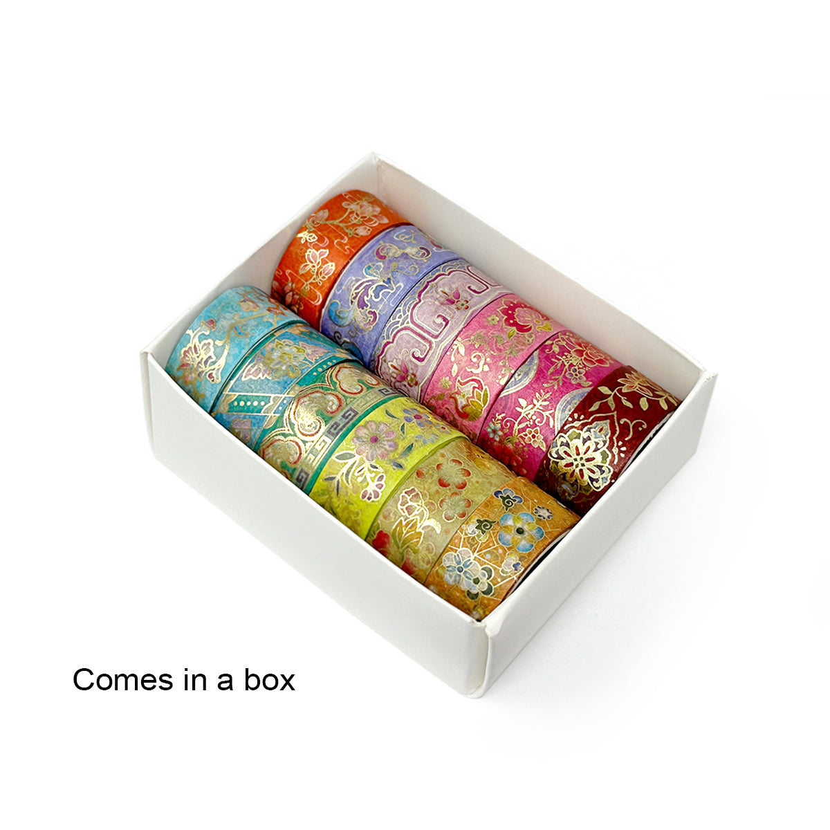 Wrapables Elegant Gold Foil Washi Tape Box Set for Arts & Crafts, Scrapbooking, Stationery, Diary (12 Rolls), Playful Florets