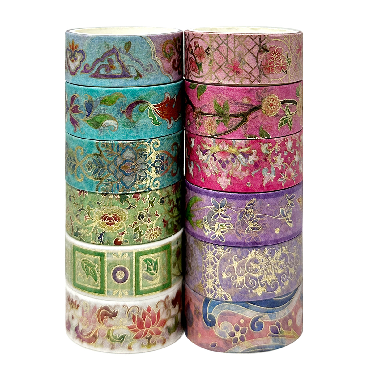 Wrapables Elegant Gold Foil Washi Tape Box Set for Arts & Crafts, Scrapbooking, Stationery, Diary (12 Rolls) Romantic Floral