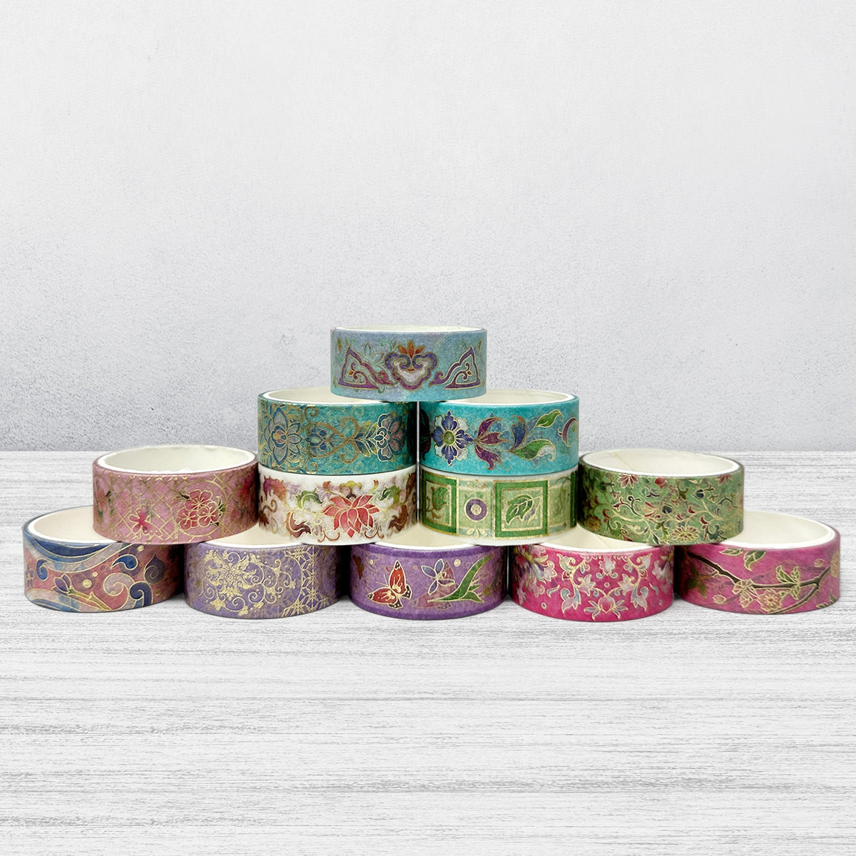 Wrapables Elegant Gold Foil Washi Tape Box Set for Arts & Crafts, Scrapbooking, Stationery, Diary (12 Rolls), Romantic Floral