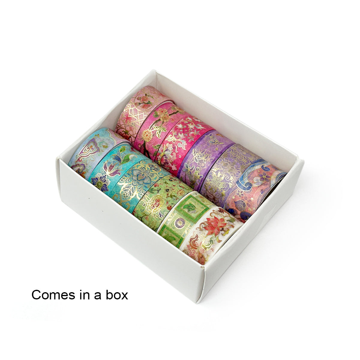 Wrapables Elegant Gold Foil Washi Tape Box Set for Arts & Crafts, Scrapbooking, Stationery, Diary (12 Rolls), Romantic Floral