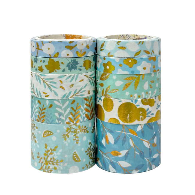 Wrapables Decorative Gold Foil Washi Tape Box Set for Arts & Crafts, Scrapbooking, Stationery, Diary (10 Rolls), Blue Green Bloom