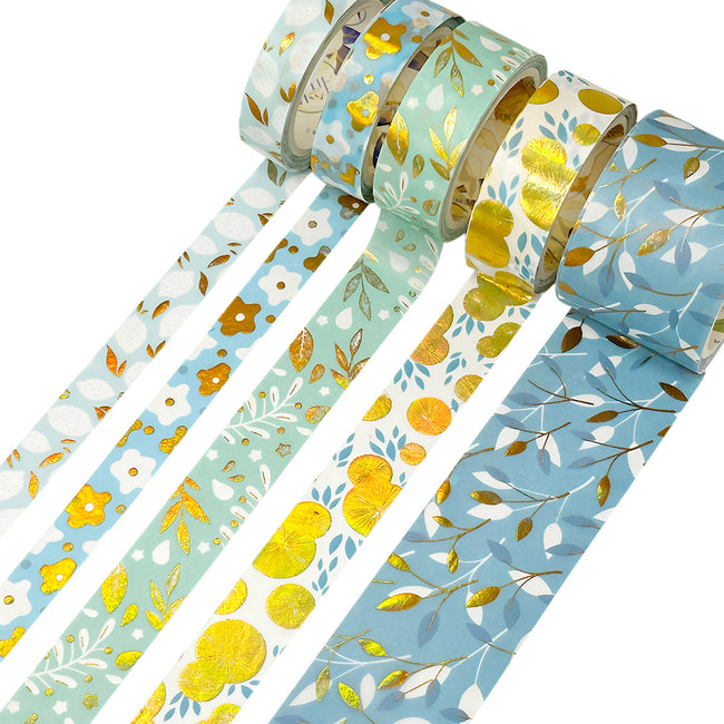 Wrapables Decorative Gold Foil Washi Tape Box Set for Arts & Crafts, Scrapbooking, Stationery, Diary (10 Rolls), Blue Green Bloom