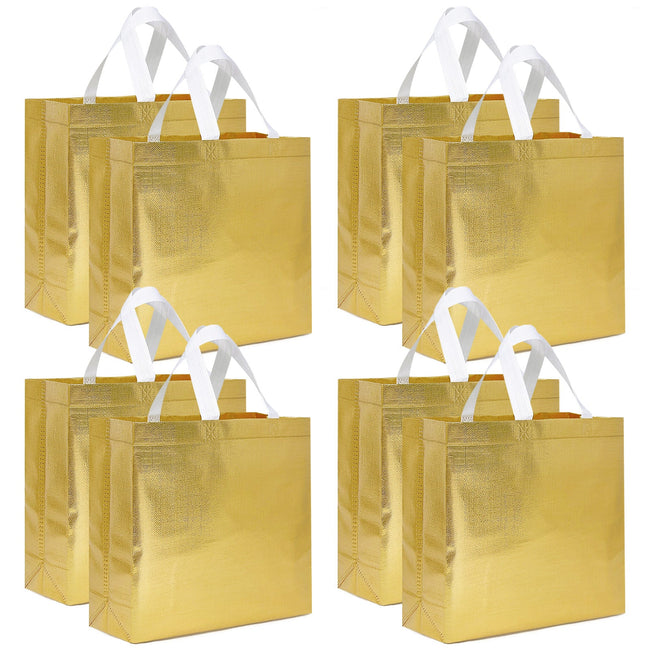 Wrapables Glossy Non-Woven Reusable Gift Bags with Handles for Weddings, Bridal Showers, Parties (Set of 8), Gold