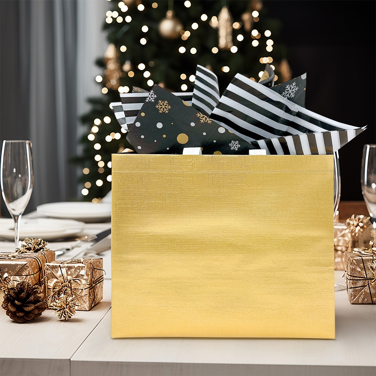 Wrapables Glossy Non-Woven Reusable Gift Bags with Handles for Weddings, Bridal Showers, Parties (Set of 8), Gold