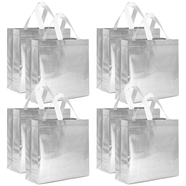 Wrapables Glossy Non-Woven Reusable Gift Bags with Handles for Weddings, Bridal Showers, Parties (Set of 8), Silver