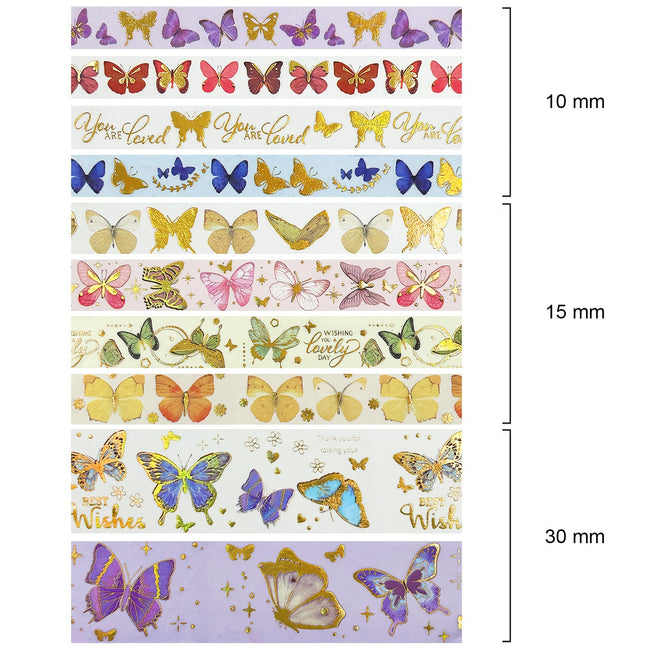 Wrapables Decorative Gold Foil Washi Tape Box Set for Arts & Crafts, Scrapbooking, Stationery, Diary (10 Rolls), Butterflies