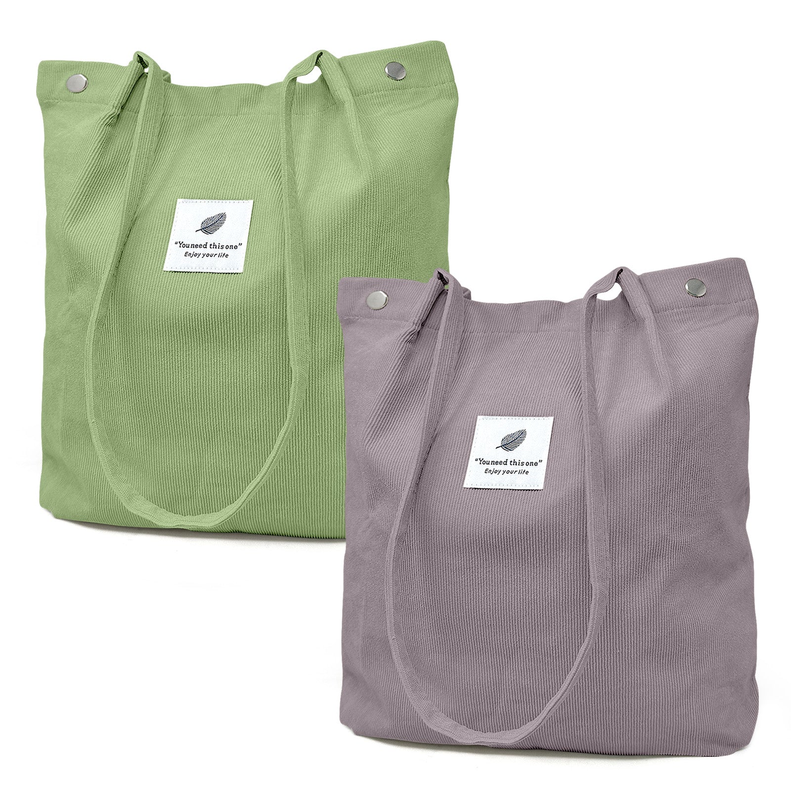 Wrapables Corduroy Tote Bag, Casual Everyday Shoulder Handbag, 2pc LtGreen/Lavender