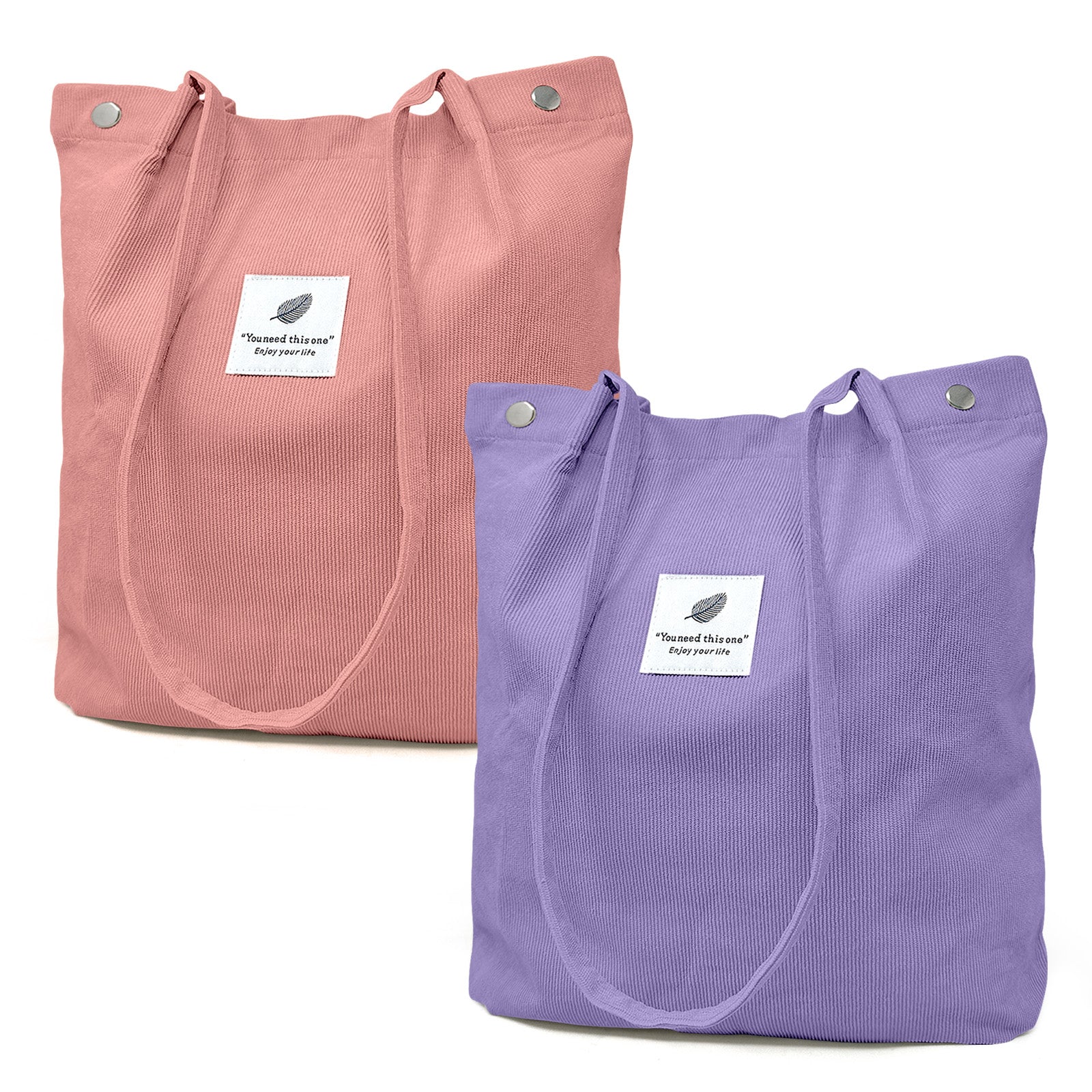 Wrapables Corduroy Tote Bag, Casual Everyday Shoulder Handbag, 2pc Pink/Purple