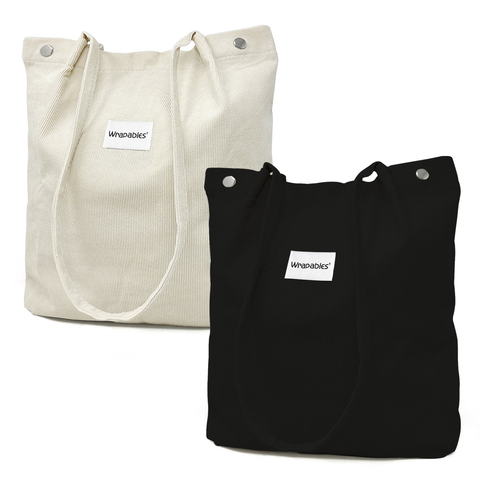 Wrapables Corduroy Tote Bag, Casual Everyday Shoulder Handbag, 2pc Black/Cream