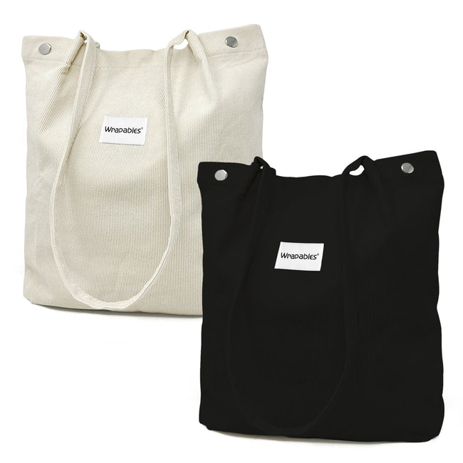 Wrapables Corduroy Tote Bag, Casual Everyday Shoulder Handbag, 2pc Black/Cream