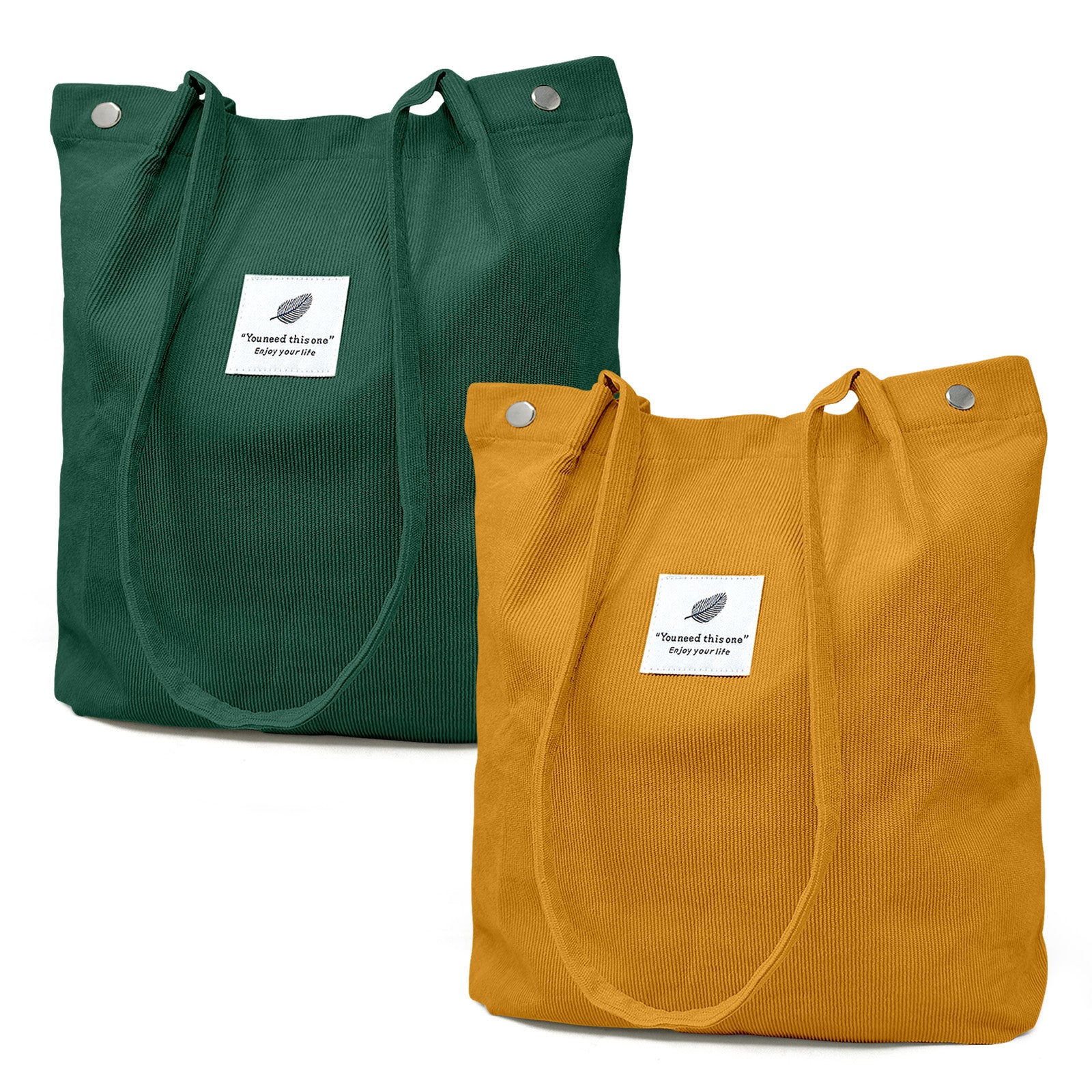 Wrapables Corduroy Tote Bag, Casual Everyday Shoulder Handbag, 2pc FtGreen/Marigold