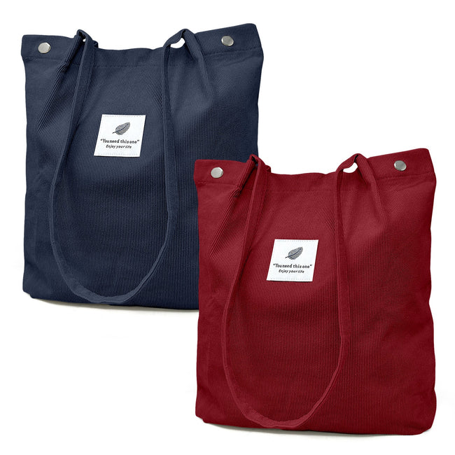 Wrapables Corduroy Tote Bag, Casual Everyday Shoulder Handbag, 2pc Navy/Red