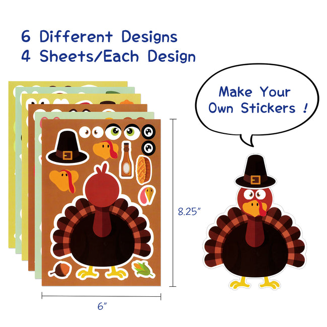 Wrapables Make Your Own Turkey Sticker Sheets, DIY Make a Face Sticker Sheets, Thanksgiving Craft and Activities, Party Favors (24 Sheets)