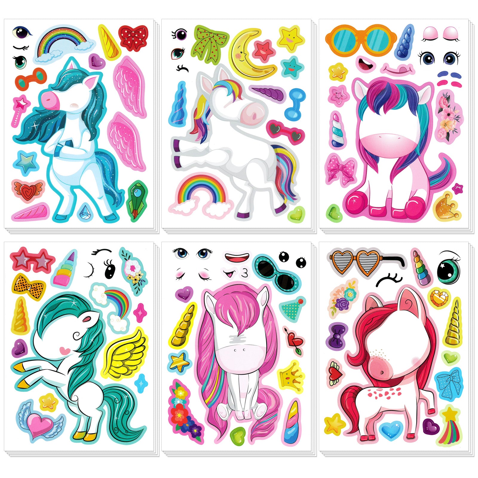 Wrapables Make Your Own Sticker Sheets, DIY Make A Face Animal, Food, Party Favor Stickers (24 Sheets) Unicorns