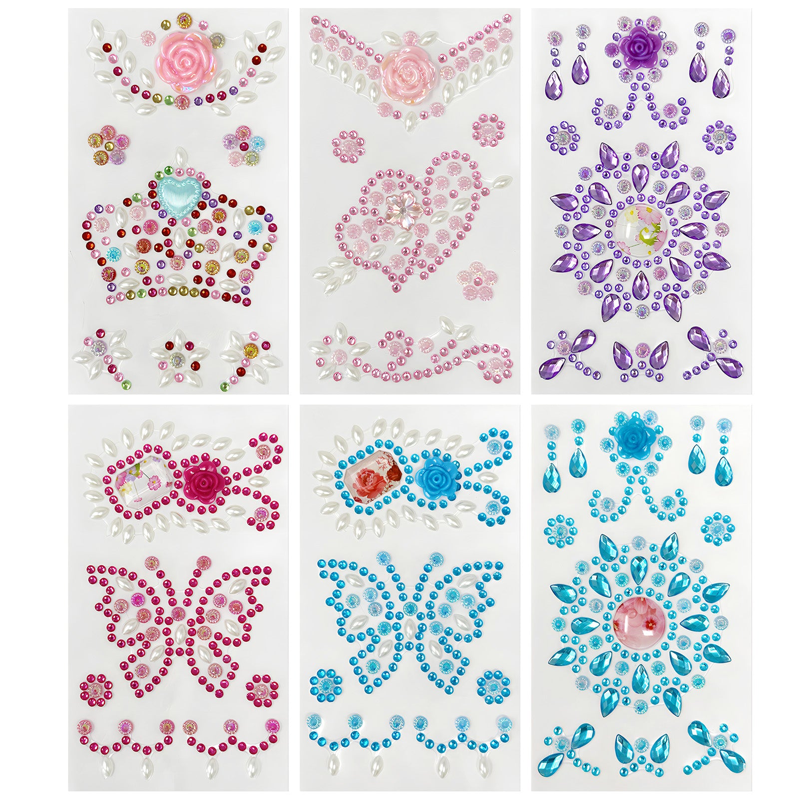6 Sheets Face Stickers Heart Star Acrylic Gems Stickers Face