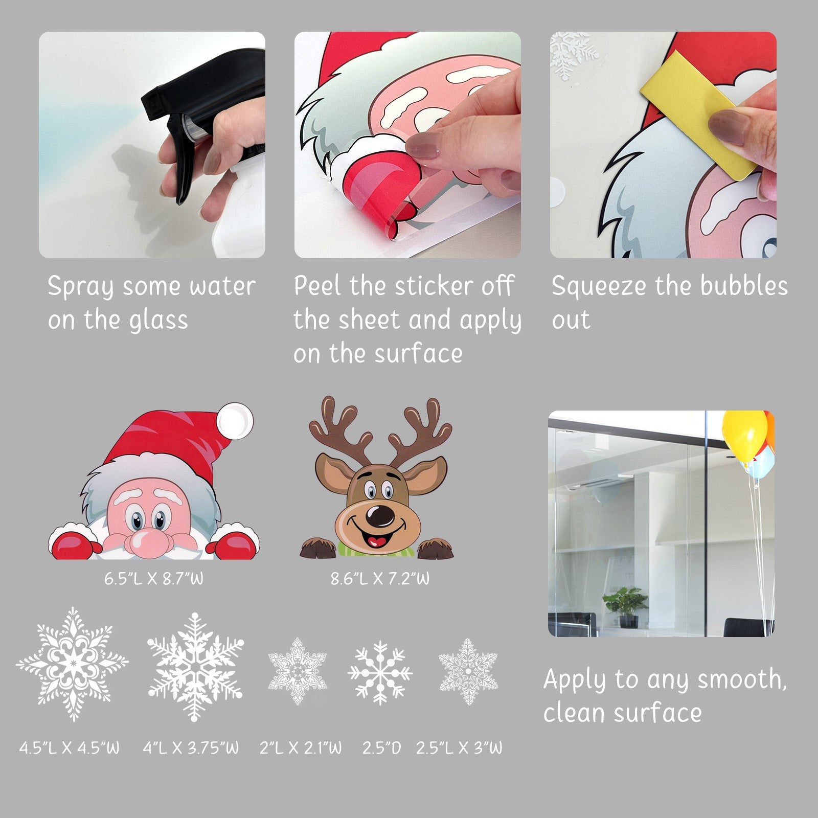 Wrapables Snowflake Window Clings Decal Stickers, Christmas Winter Decoration for Glass Windows, 3pc Santa + Deer