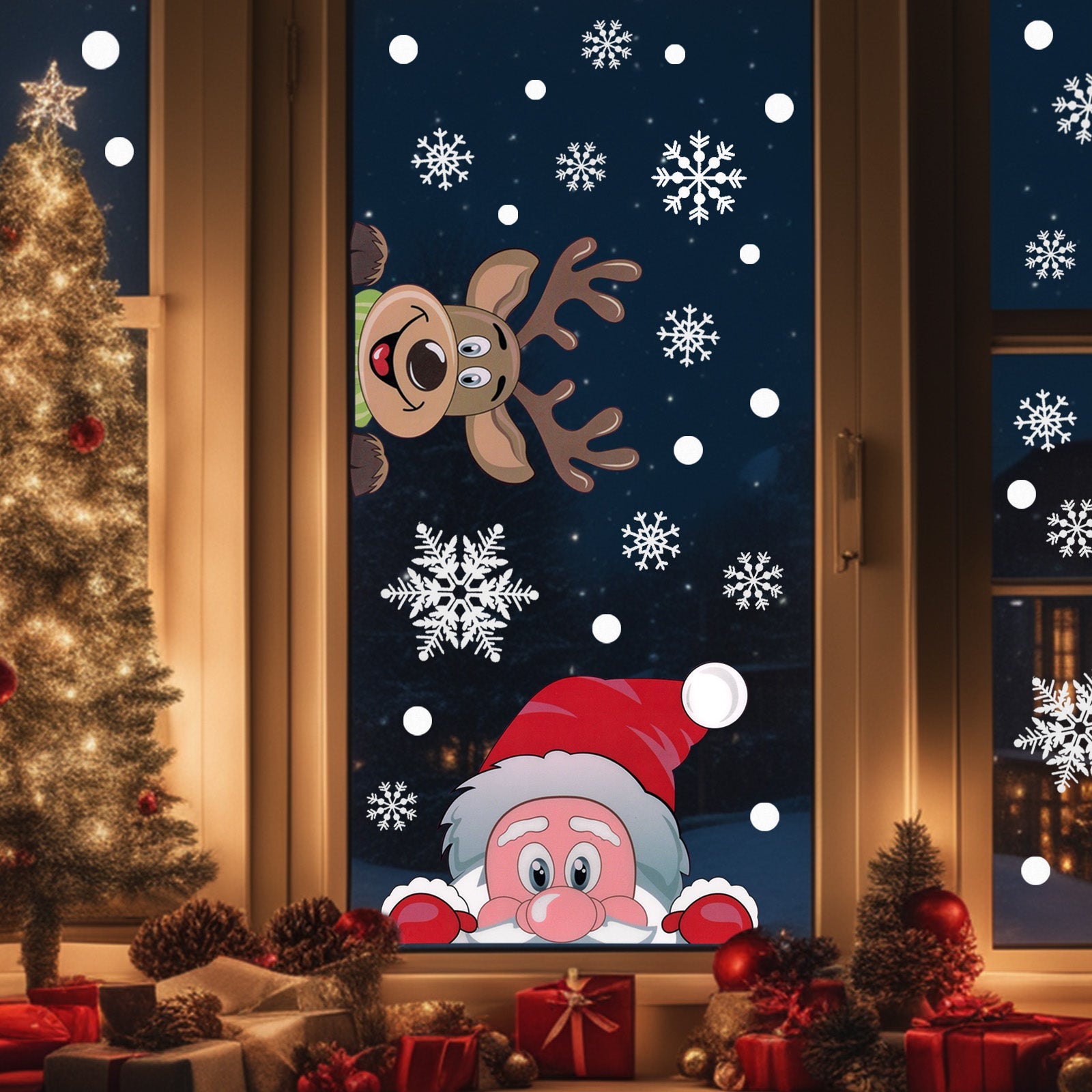 Wrapables Snowflake Window Clings Decal Stickers, Christmas Winter Decoration for Glass Windows, 3pc Santa + Deer