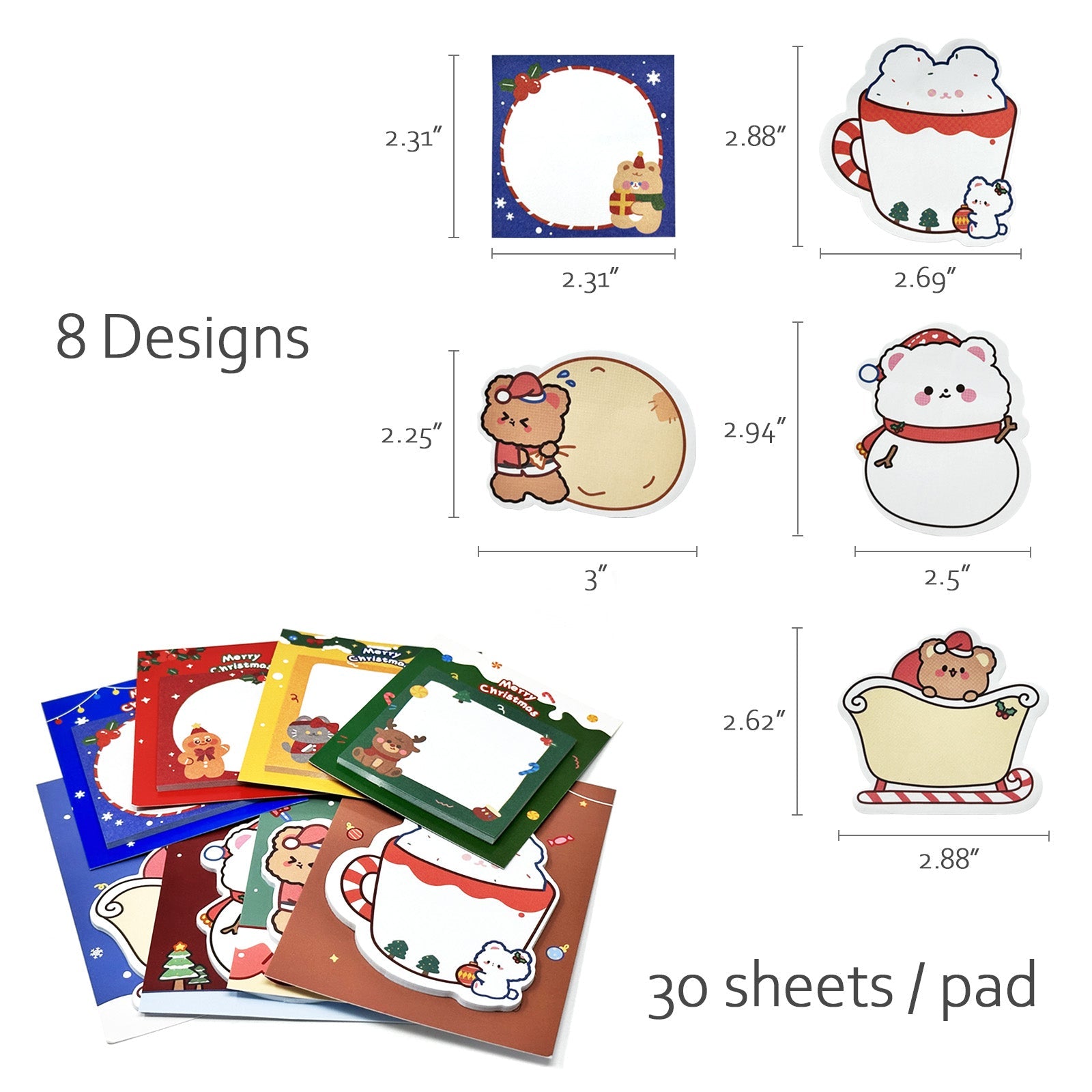 Wrapables Happy Holidays Christmas Sticky Notes, Adhesive Winter Holiday Memo Notepads for Home, Office, Work, Cute Buddies 8pc