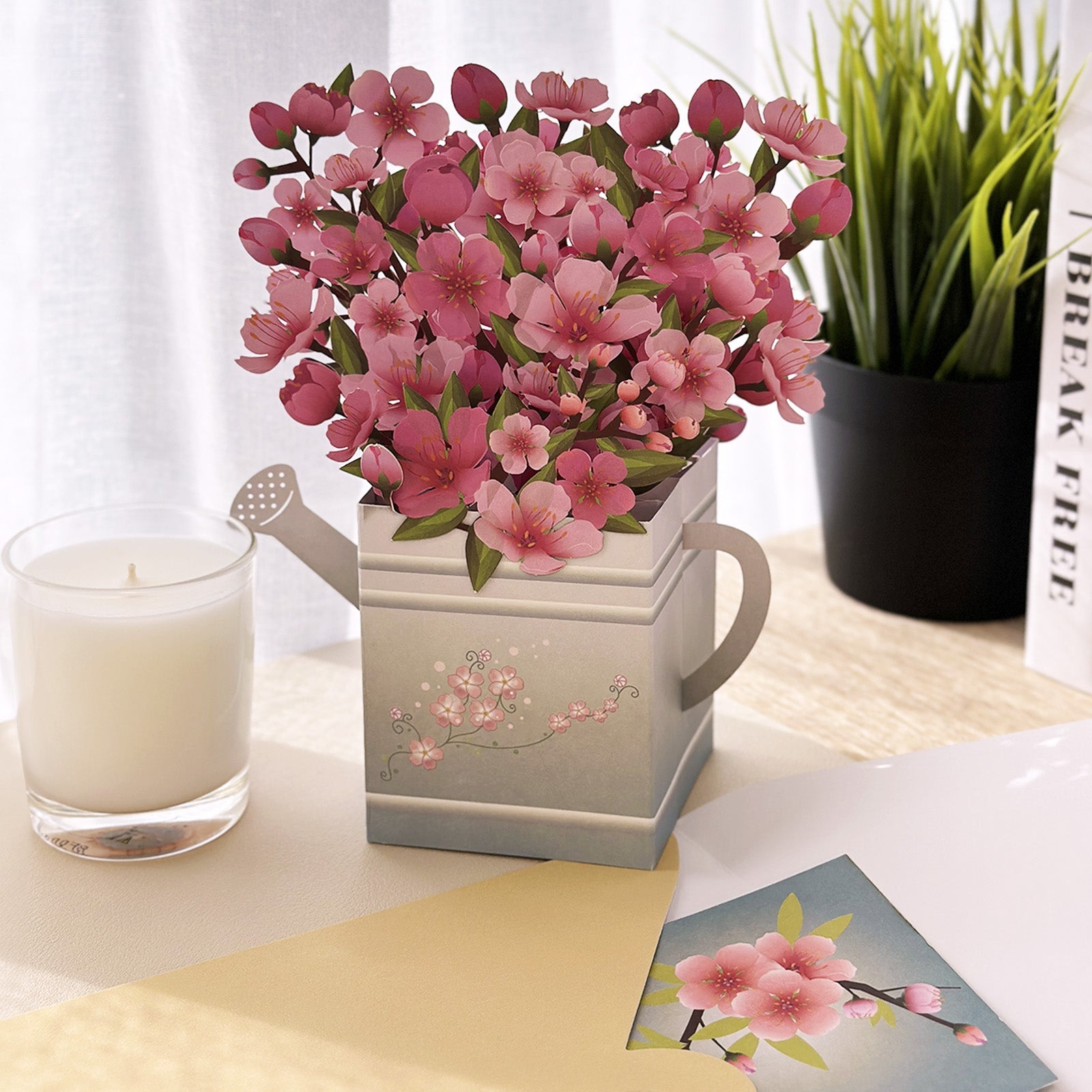 Wrapables 3D Pop Up Floral Greeting Card, Flower Bouquet Card for Mother's Day, Birthday, Anniversary, All Occasions, Cherry Blossoms Watering Can