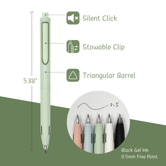 Wrapables Whisper Motion Silent Retractable Gel Pen Set (5 Pack), 0.5mm Fine Point, for Home, Office, Work