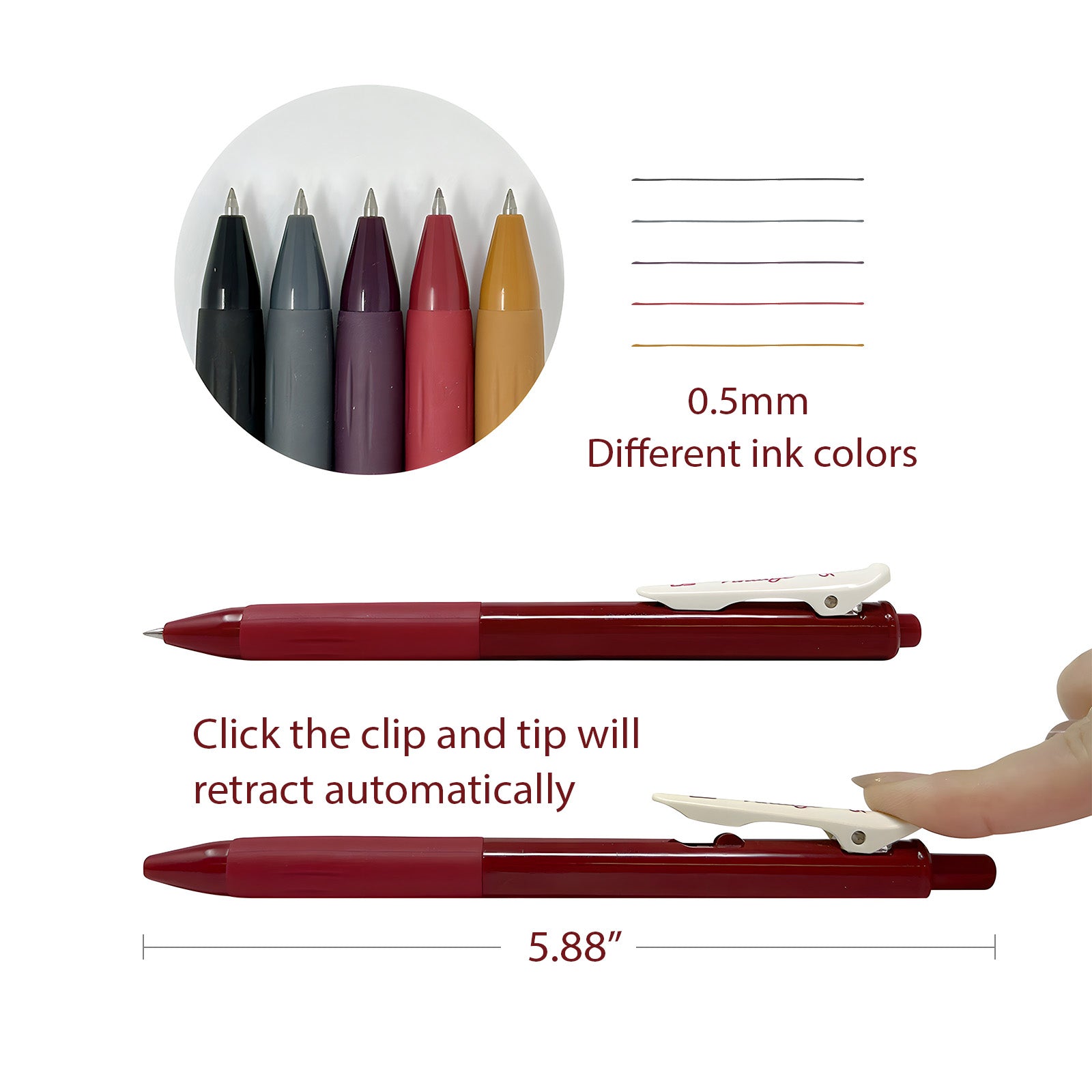 Wrapables Multi-Color Retractable Gel Pen Set (5 pack), 0.5mm Fine Point, for Writing, Journaling, Drawing, Home and Office