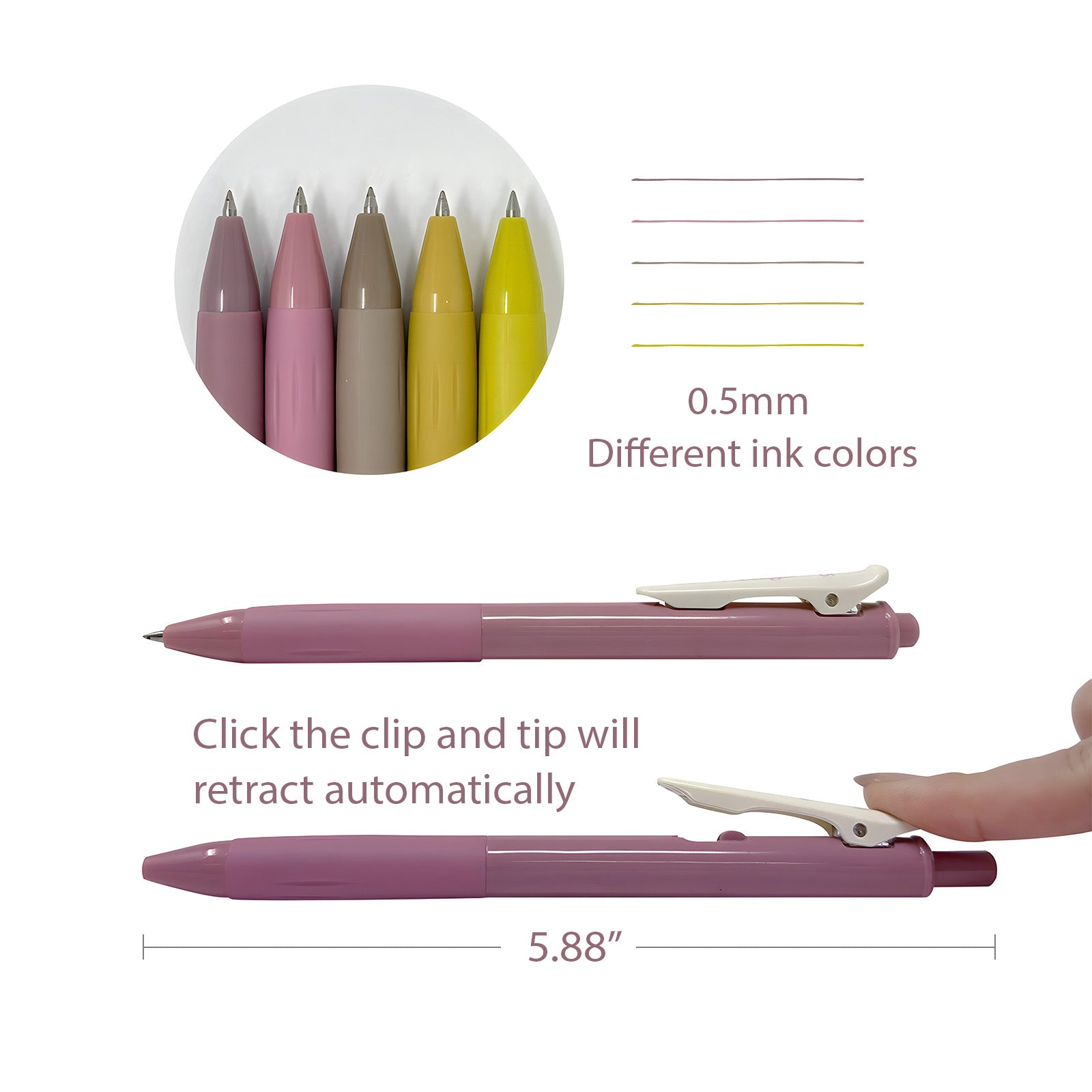Wrapables Multi-Color Retractable Gel Pen Set (5 pack), 0.5mm Fine Point, for Writing, Journaling, Drawing, Home and Office