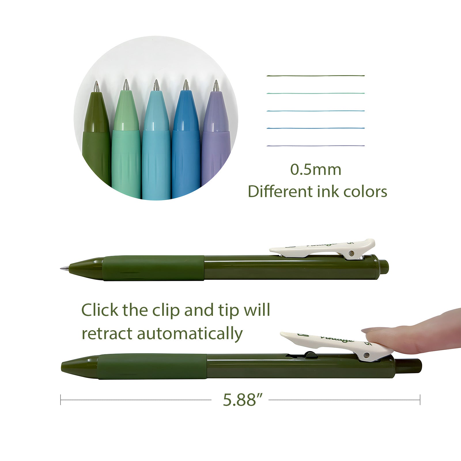 Wrapables Multi-Color Retractable Gel Pen Set (5 pack), 0.5mm Fine Point, for Writing, Journaling, Drawing, Home and Office